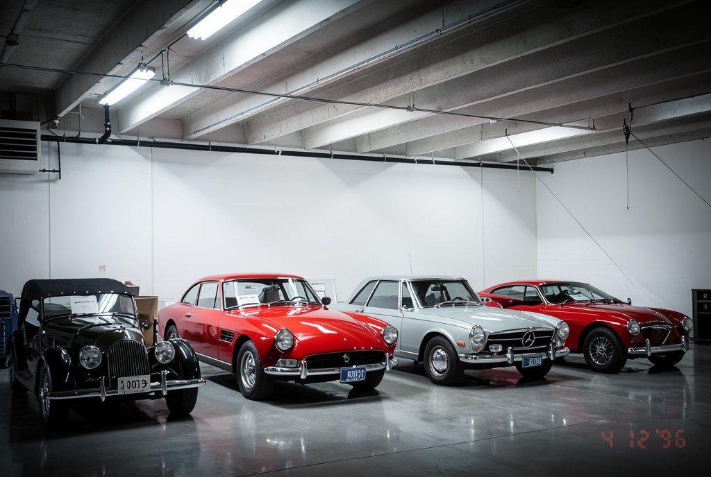Four classic sports cars parked beneath the precast concrete ceiling of the garage at 3989.