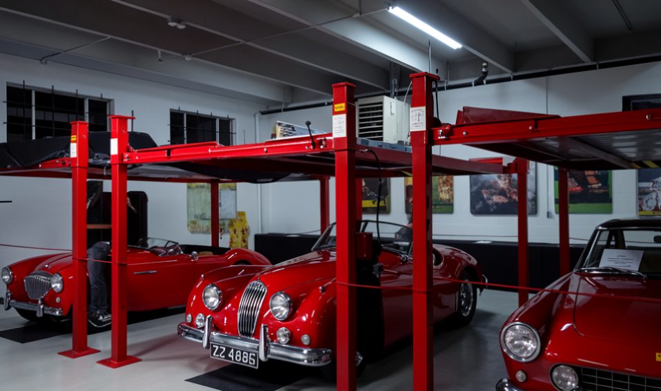Three red four-post vehicle lifts installed in the garage, with classic sports cars beneath them and artwork on the walls.